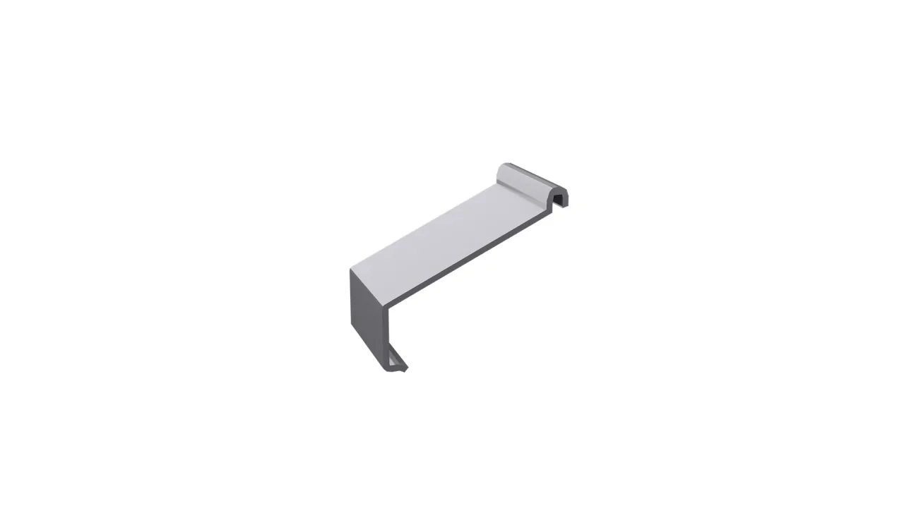 Jasny aluminiowy odbójnik przyścienny K100 w widoku 3D, stosowany do estetycznego i trwałego wykończenia krawędzi tarasu przy ścianie.