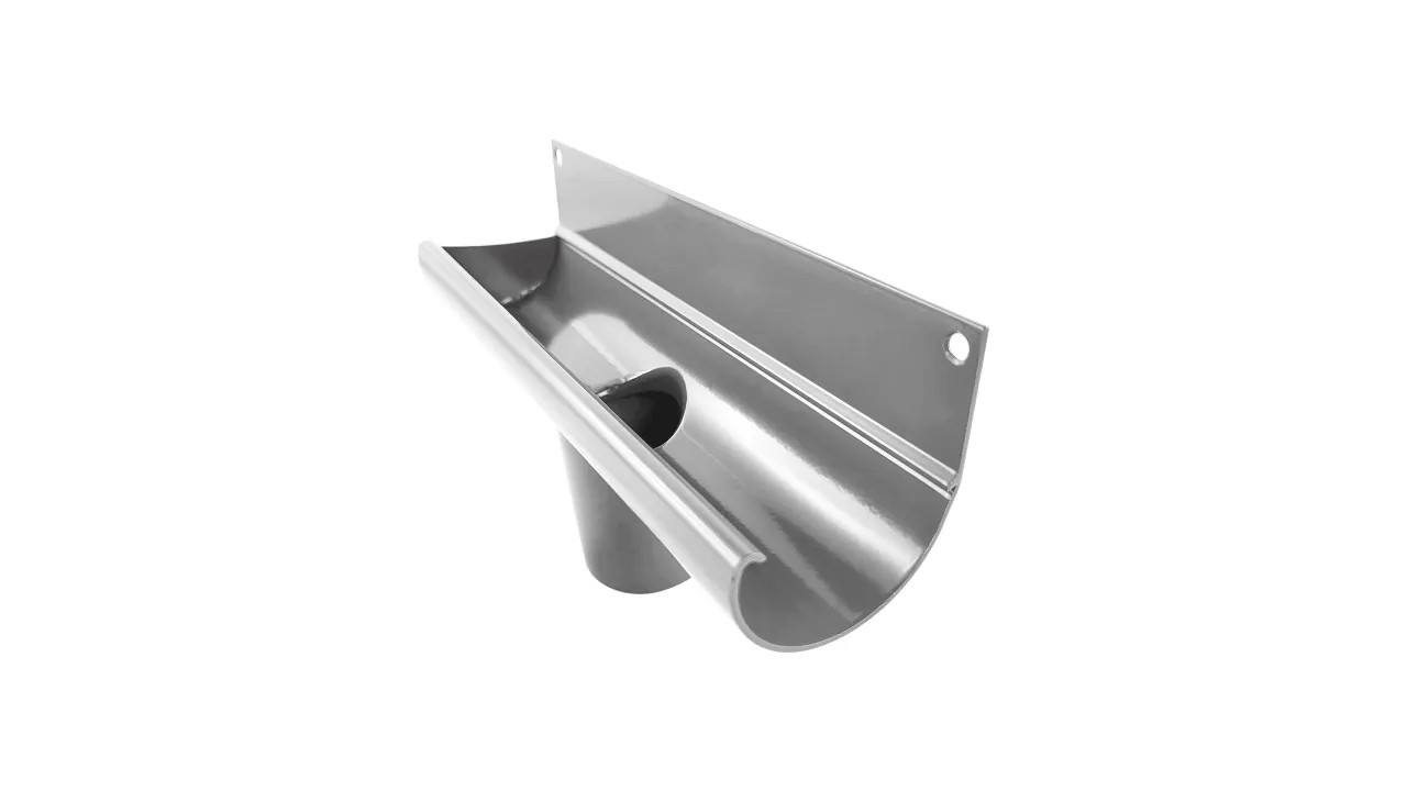 Aluminiowy lej spustowy systemu rynnowego R50, przeznaczony do podłączenia rury spustowej i skutecznego odprowadzania wody z tarasu lub balkonu.