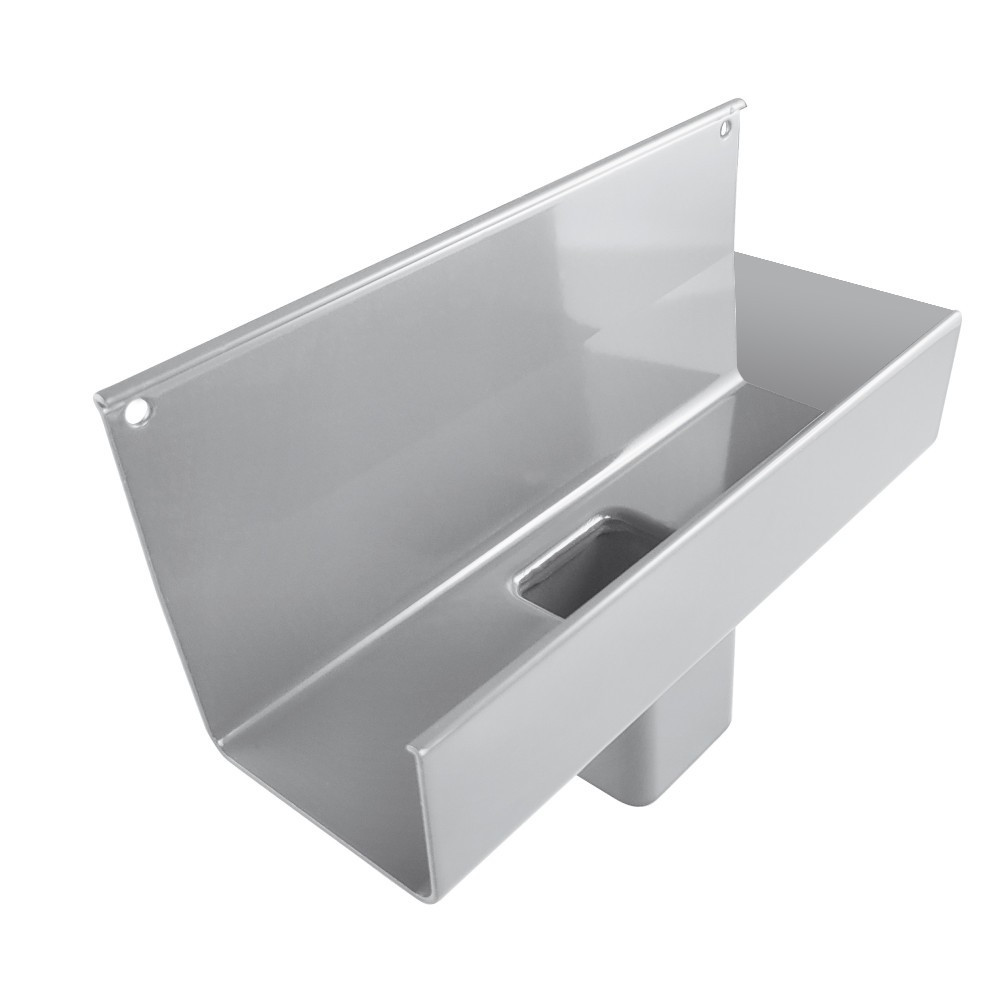 Aluminiowy lej spustowy do systemu rynnowego z rurą o przekroju kwadratowym, przeznaczony do skutecznego odprowadzania wody z tarasu lub balkonu.