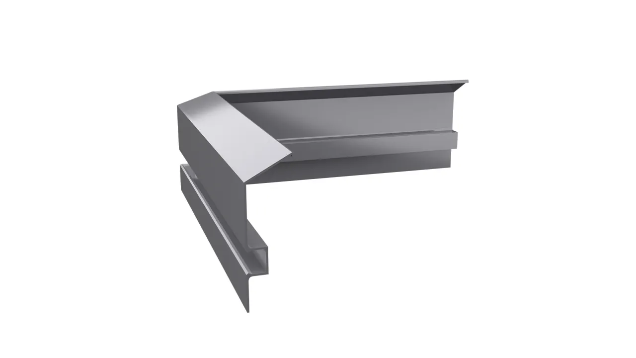 Aluminiowy narożnik maskujący C2 w kolorze szarym, element systemu okapowego RENOPLAST, widok 3D pod kątem, przeznaczony do wykończenia naroży profili.