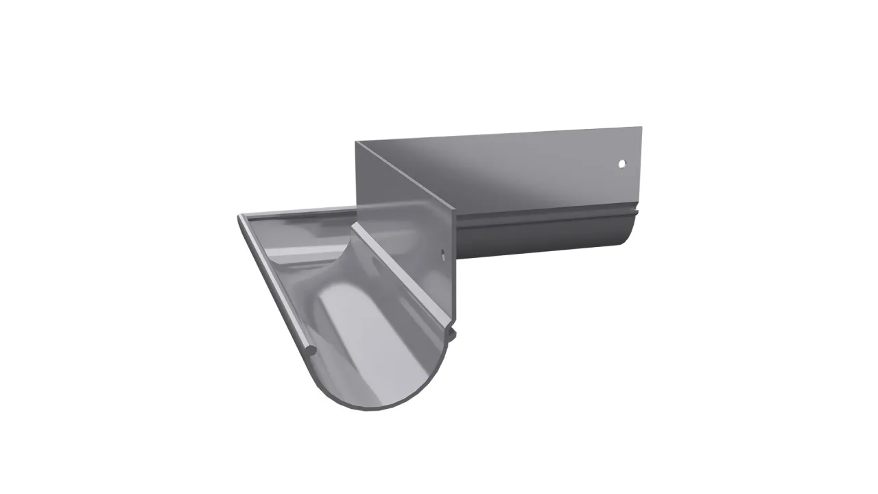Aluminiowy narożnik wewnętrzny rynny systemowej, przeznaczony do łączenia rynien w wewnętrznych narożach tarasu lub balkonu.