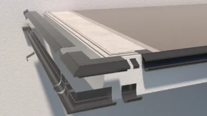 Profil okapowy K10R z rynną R50 – narożny widok systemu odwodnienia tarasu z warstwą hydroizolacji i posadzką żywiczną.