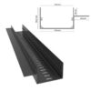 Koryto systemu RENODRAIN w widoku 3D wraz z rysunkiem technicznym i wymiarami, przeznaczone do skutecznego odprowadzania wody z tarasów wentylowanych.