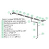 Diagram montażowy systemu rynnowego R50 z opisanymi elementami, przedstawiający sposób połączenia rynien, narożników, lejów, kolan i rur spustowych.