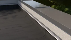 Detal krawędzi tarasu z izolacją EPDM oraz aluminiowym profilem okapowym przy ścianie budynku